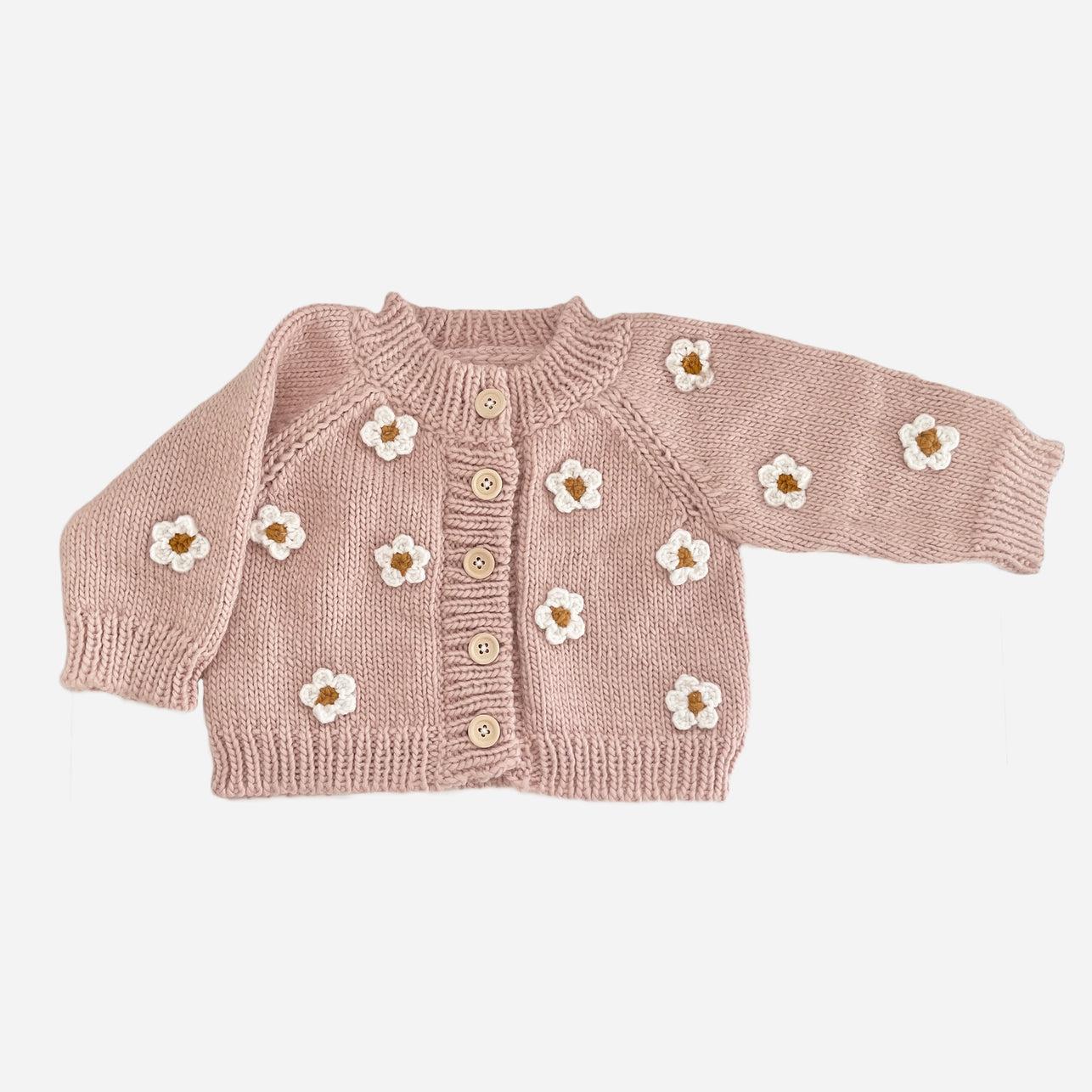 Blush Flower Cardigan | Acrylic Hand Knit Kids Sweater
