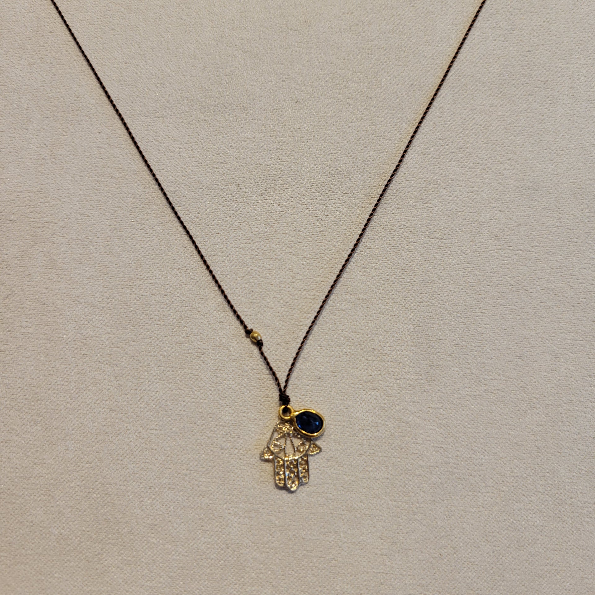 14k Hamsa Necklace with Large Sapphire Charm