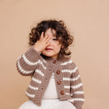 Tan Rib Knit Stripe Cardigan | Acrylic Hand Knit Kids Sweater