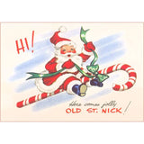 St. Nick Riding Candy Cane Postcard