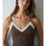 Heather Lace Trimmed Tank | Dark Brown