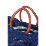Navy Blue Ghanaian Lacework Wing Shopper With Leather Handles