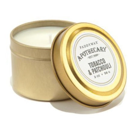 apothecary tin 2oz candle tobacco & patchouli